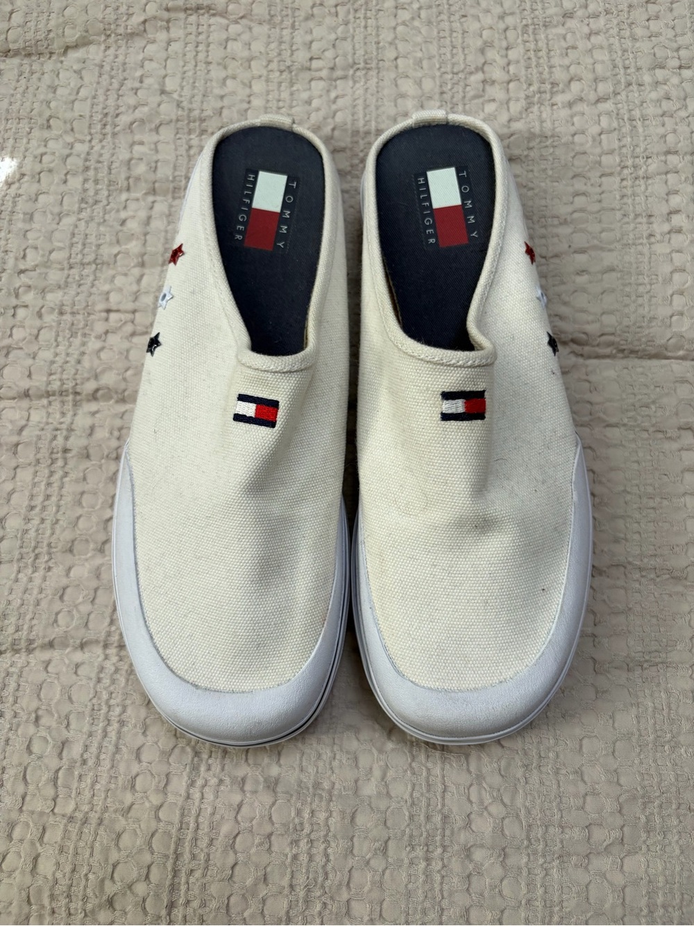 Tommy Hilfiger Mens Cream Canvas Slip-On Loafers with Flag Detail